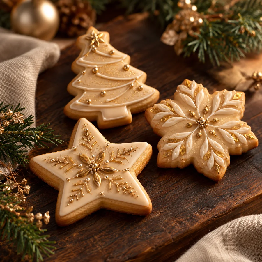 Biscoitos amanteigados natalinos com acabamento dourado