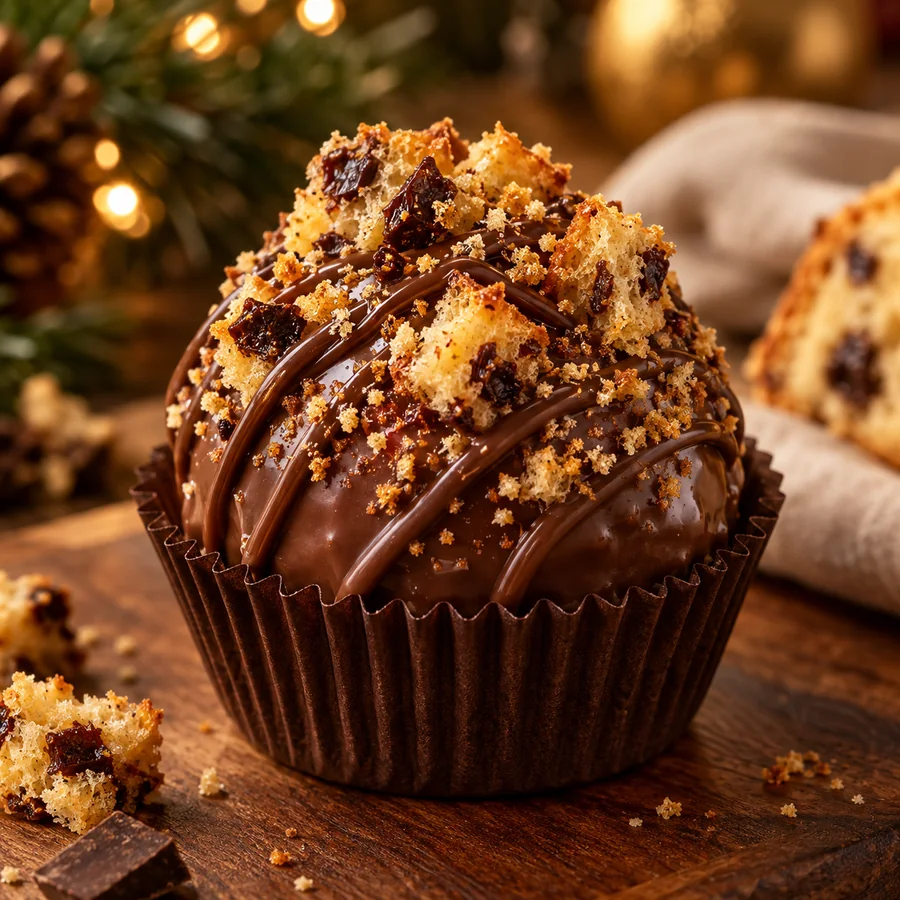 Brigadeiro gourmet de chocotone com chocolate e farofa dourada