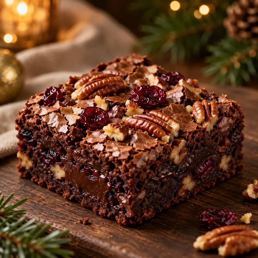 Brownie natalino de chocolate com nozes e frutas secas