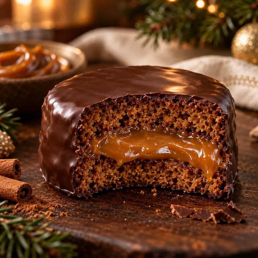 Pão de mel coberto com chocolate e recheado com doce de leite